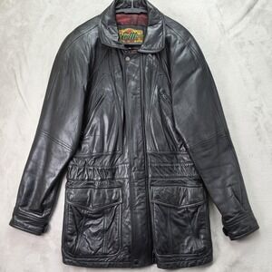 Vintage G III Leather Jacket Mens Medium Black Long Leather Coat Red Lining 90s